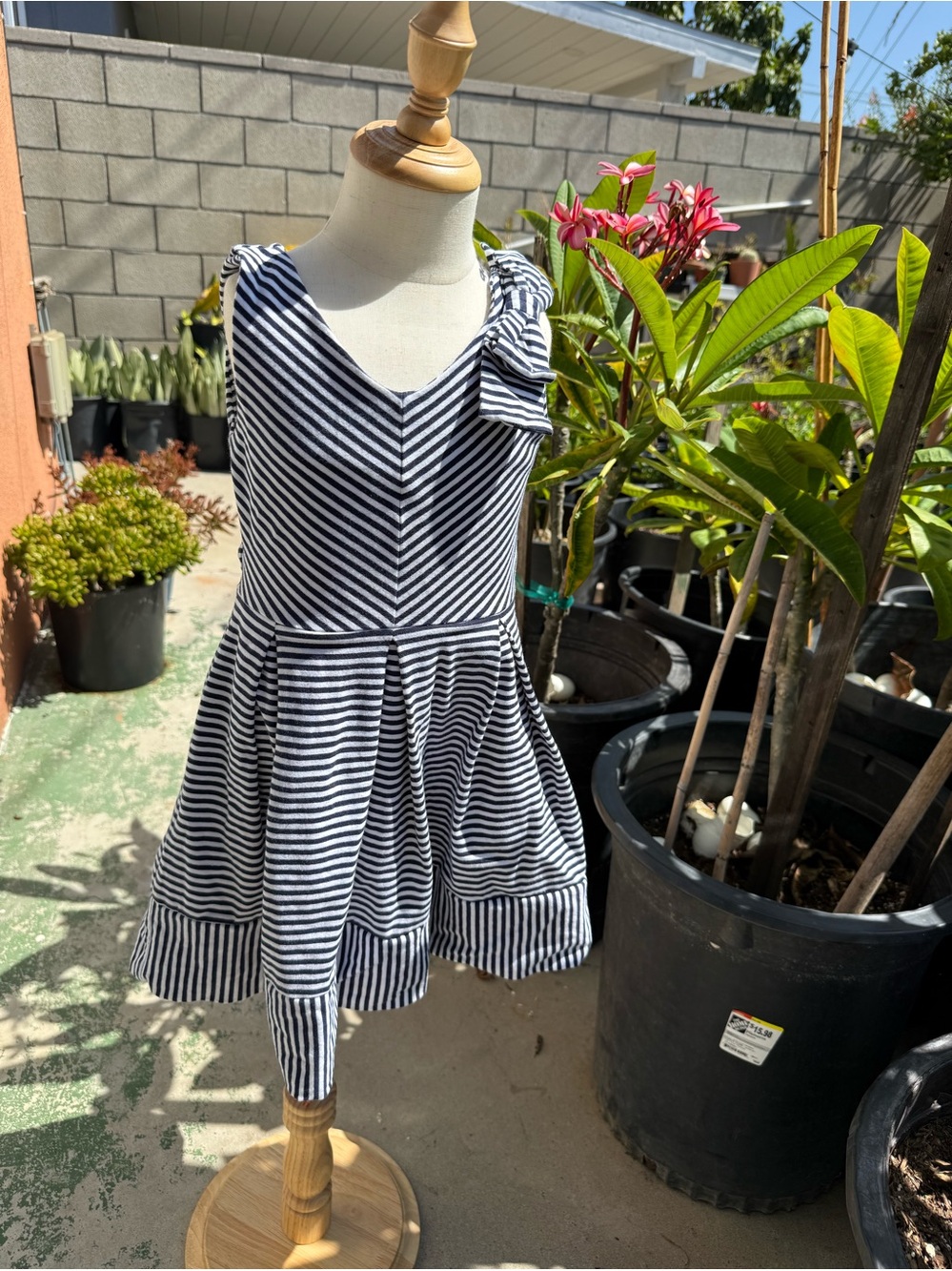 Hope & Henry Girls Navy and White Striped Bow-Accent Dress